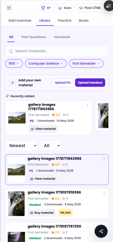 Academic Library screen with uploads and recently added materials