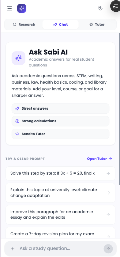 Ask Sabi AI screen with study prompt tools