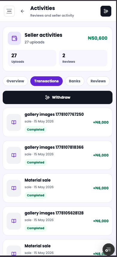 Seller activities screen showing completed material sales and earnings