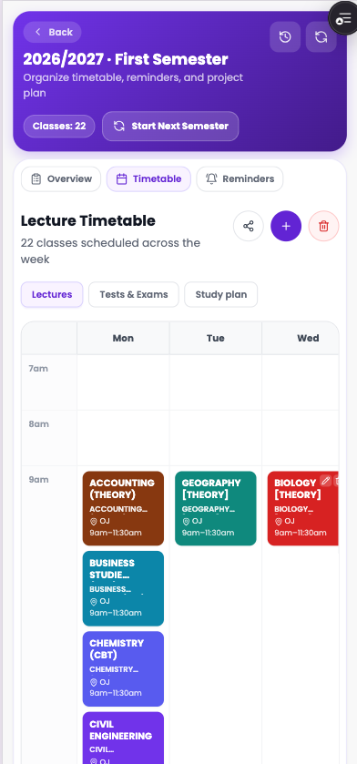 Semester timetable screen inside AbS